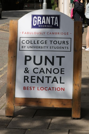 A signboard advertising a canoe rental service at Punt, located in Cambridge. 2