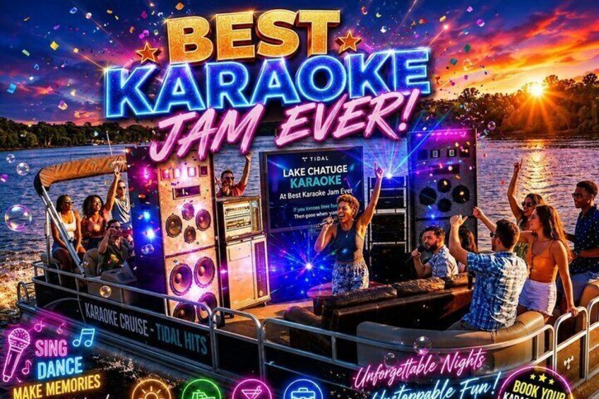 A karaoke cruise with a lake view, a DJ booth, and people enjoying the event. 1