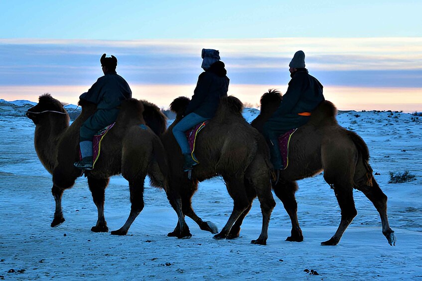Tres personas montando camellos en un paisaje nevado al atardecer. 4
