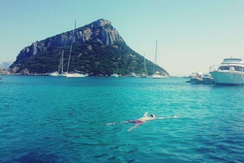 A person swimming in clear blue water with boats and a mountainous island in the background. 5