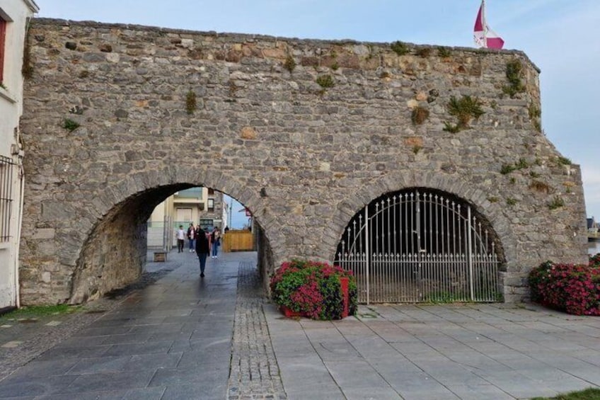A stone archway with a flag on top, a paved walkway, and potted plants. 2
