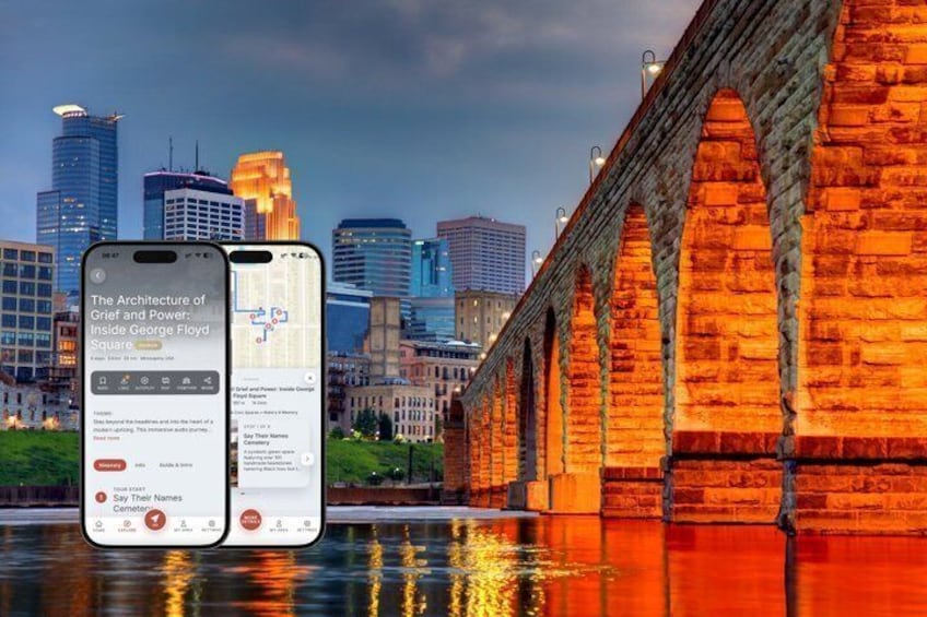 A smartphone displaying an app with a cityscape and a bridge in the background. 1