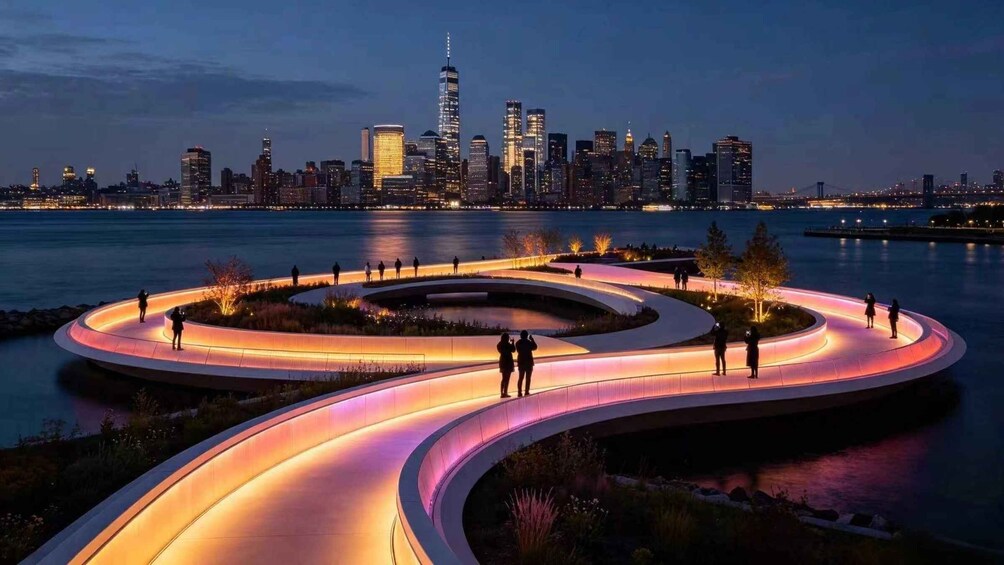 A waterfront promenade with illuminated pathways and a city skyline in the background. 4