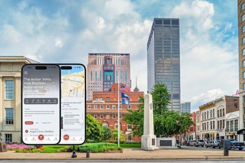 A smartphone displaying a news article, a tall modern building, and a historic building with a statue in the foreground. 1