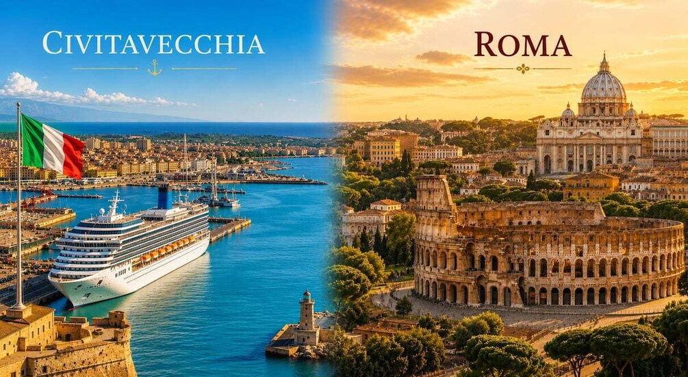 A cruise ship in Civitavecchia harbor and the Colosseum in Rome. 1