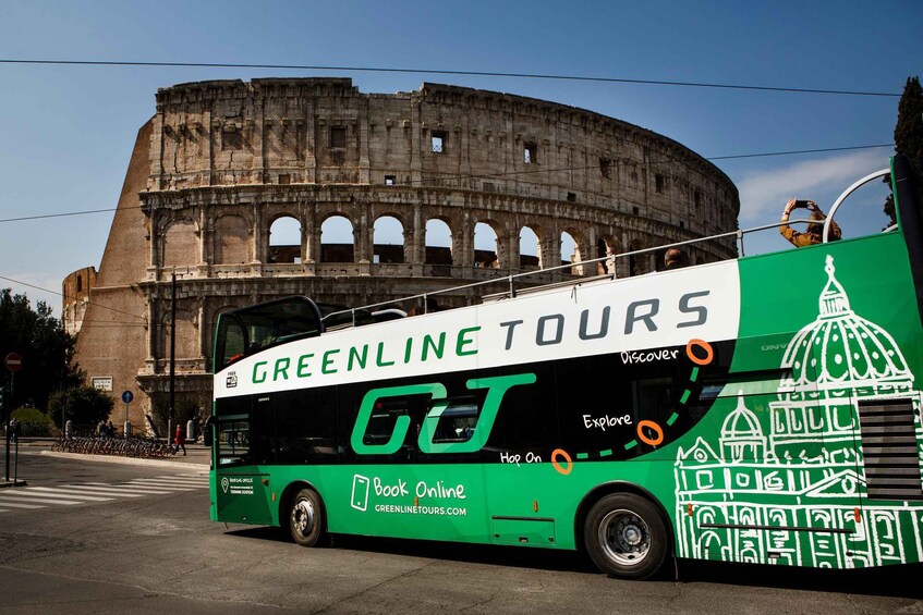 A green and white double-decker bus with 'GREENLINE TOURS' and 'Book Online GREENLINETOURS.COM' on its side, parked in front of the Colosseum. 5