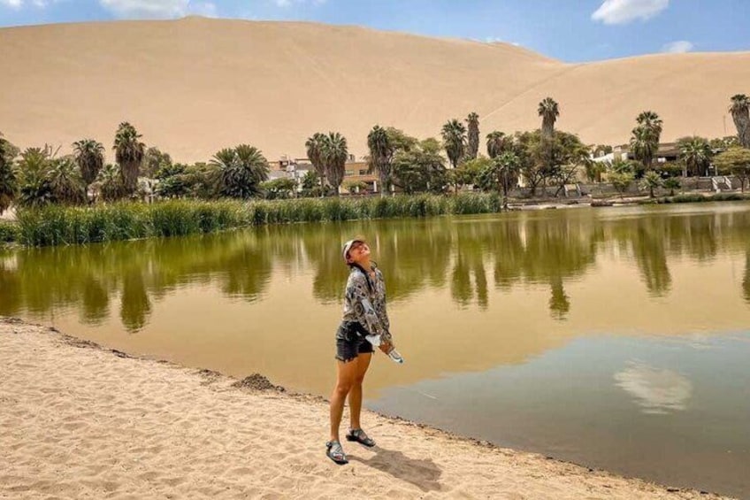 A person standing by a calm body of water with sand dunes and palm trees in the background. 2