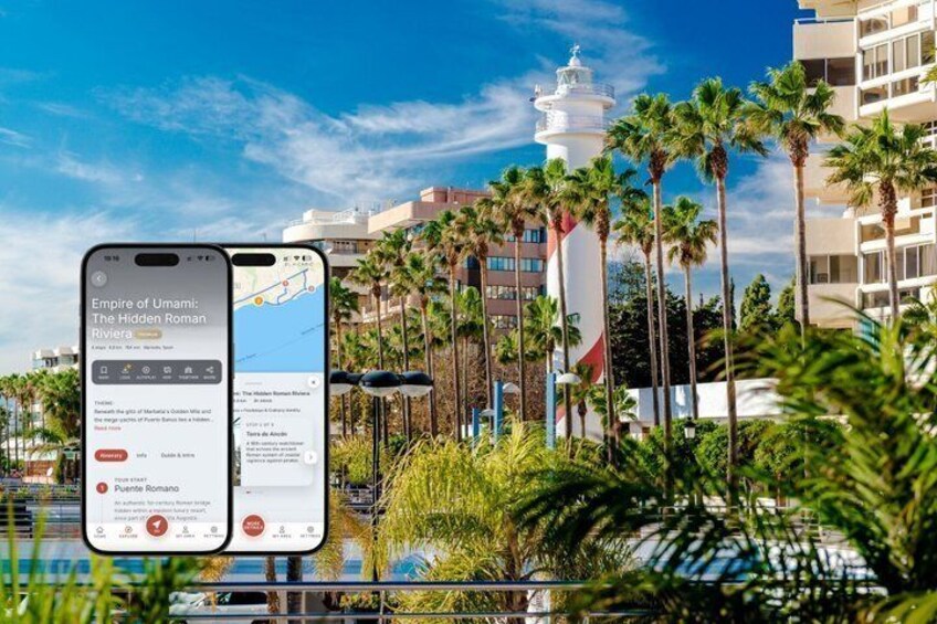 A smartphone displaying a travel app with a map and text overlay, set against a backdrop of a coastal cityscape with palm trees and a lighthouse. 1