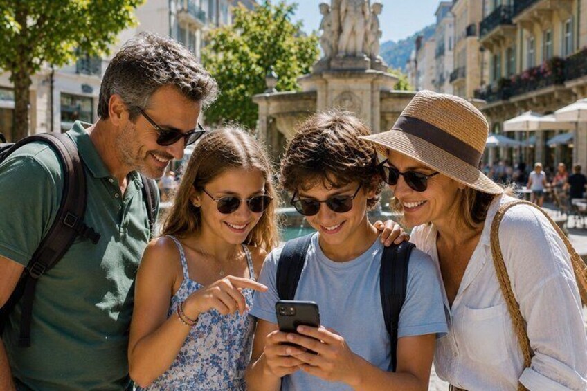 A group of people looking at a smartphone, standing in a public square with buildings and a fountain in the background. 1