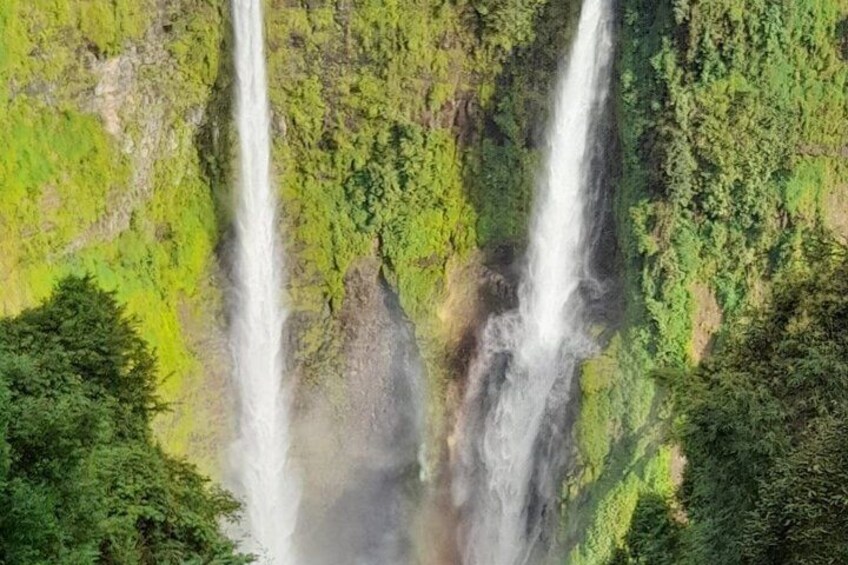 A waterfall cascading down a lush, green hillside. 3