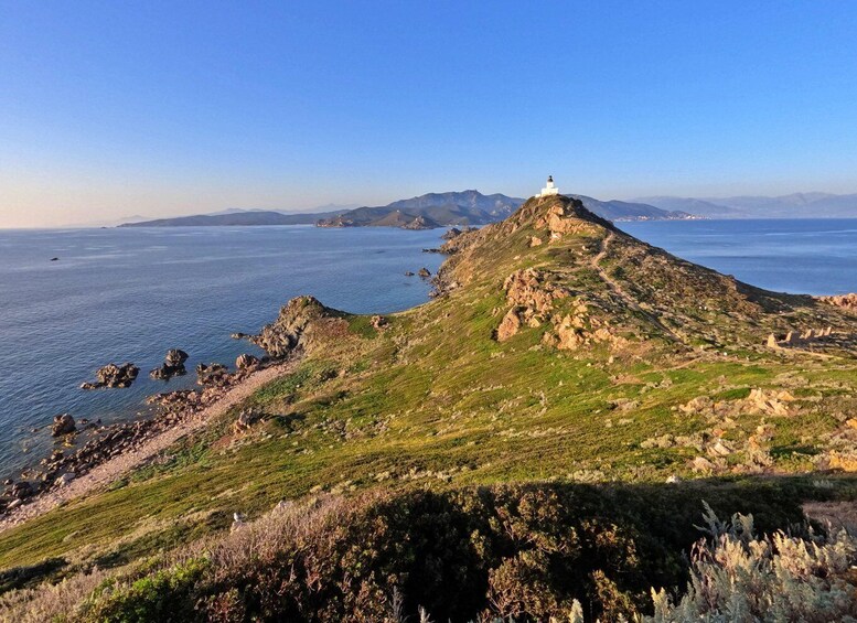 A coastal landscape with a lighthouse on a hill, rocky terrain, and a clear view of the sea. 1