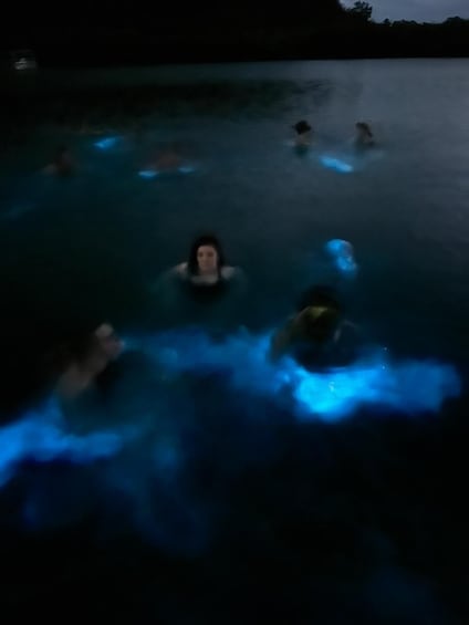 People swimming in a body of water at night with blue lights. 5