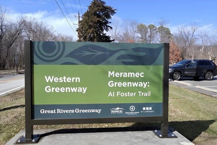 A sign for the Western Greenway and Meramec Greenway: Al Foster Trail. 1