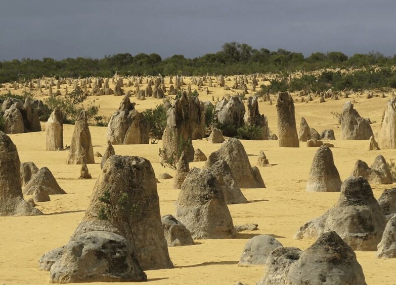 A landscape of tall, conical rock formations in a desert setting. 2