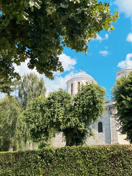 A historic building with a dome and a smaller structure, surrounded by lush greenery and a clear blue sky. 5