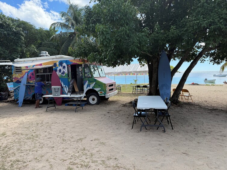 A colorful food truck parked under a tree on a sandy beach with a view of the ocean and boats in the distance. 4
