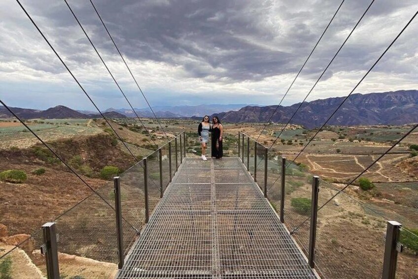 A person standing on a metal bridge with a metal railing, overlooking a dry landscape with distant mountains. 3