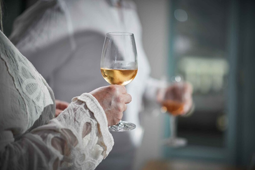 Una persona sostiene una copa de vino con líquido dorado, vestida con una prenda blanca estampada. 4