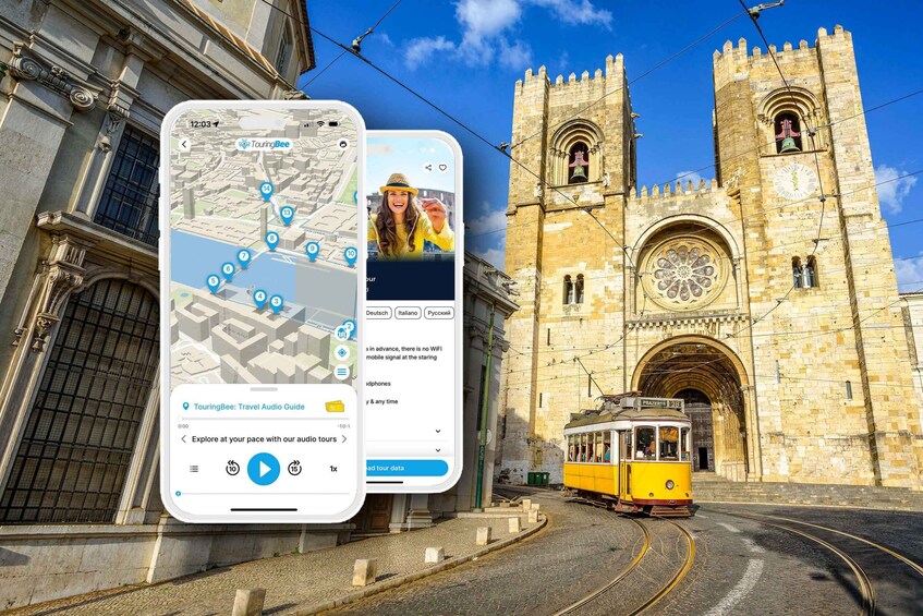 A smartphone displaying a travel audio guide with a map and a photo of a historic building with a clock tower. 1