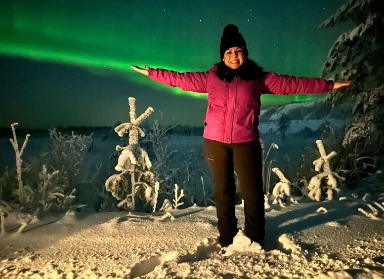 A person standing with arms outstretched in a snowy landscape with aurora borealis in the background. 3