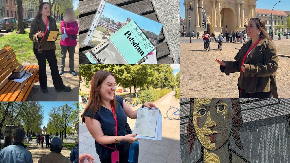 A collage of outdoor scenes including people walking, a map, a mosaic, and a building with columns. 1