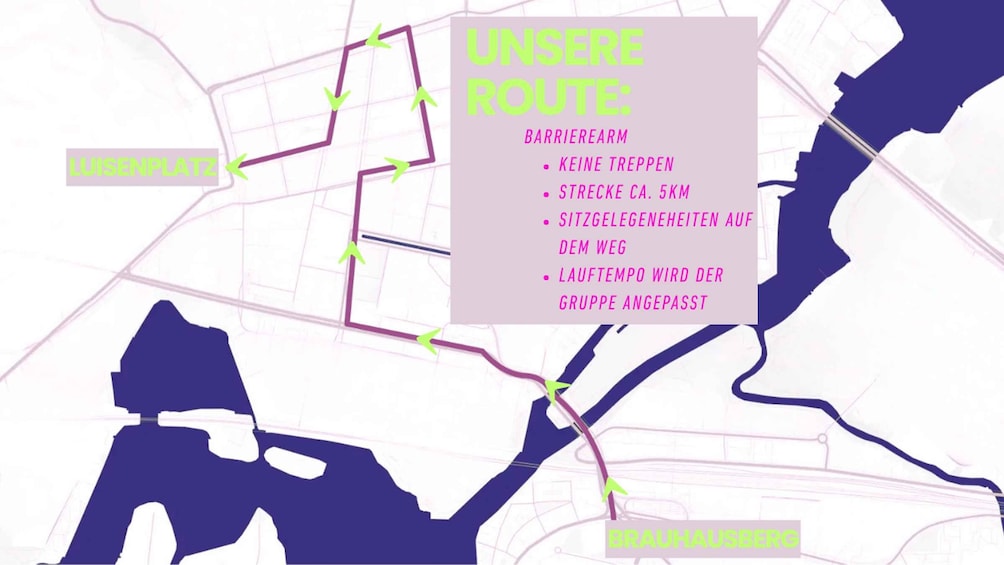 A map with marked routes and locations such as 'UNSERE ROUTE', 'BARRIEREARM', 'KEINE TREPPEN', 'STRECKE CA. 5KM', 'SITZGELEGENHEITEN AUF DEM WEG', and 'LAUFTEMPO WIRD DER GRUPPE ANGEPASST'. 3