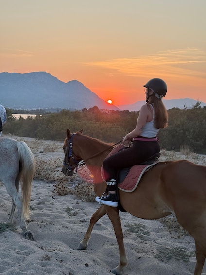 A person riding a horse on a dirt path with a sunset in the background. 1