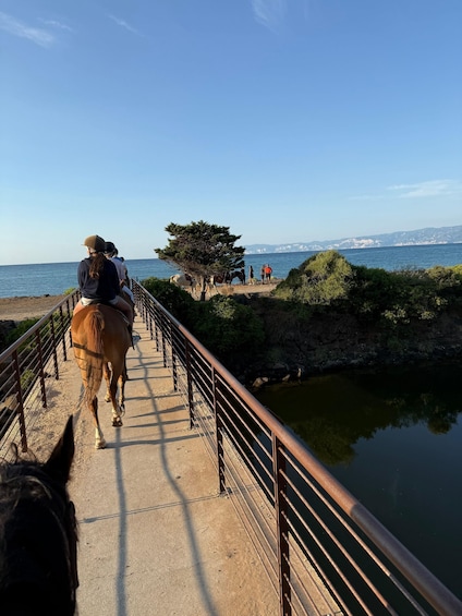 A person riding a horse on a bridge over a body of water, with a clear sky and distant mountains. 2