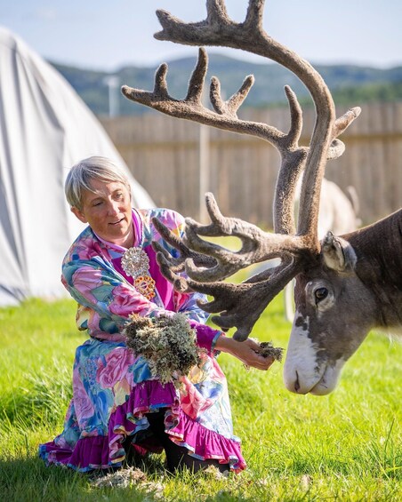 A person in colorful traditional attire interacting with a large deer in a grassy field. 2