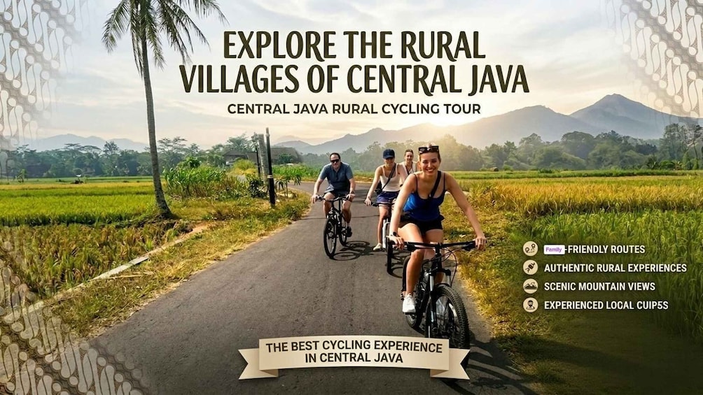 A rural cycling tour in Central Java with family-friendly routes, authentic rural experiences, scenic mountain views, and experienced local guides. 1