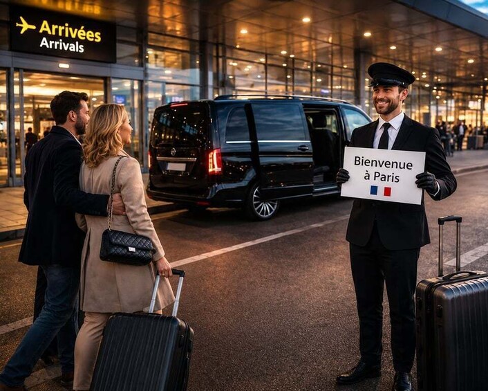 A man in uniform holding a sign at an airport. 3