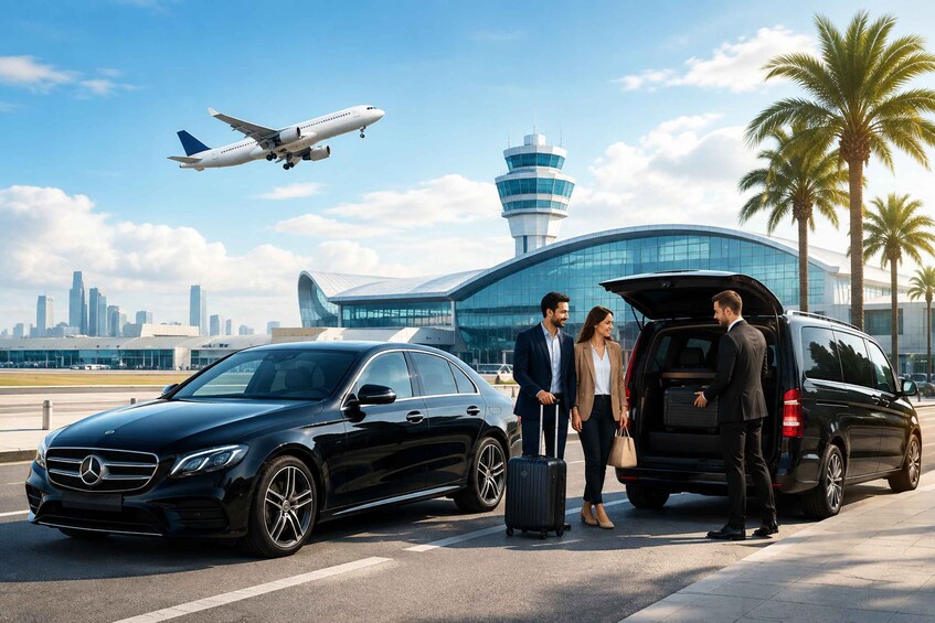 A black Mercedes-Benz car, a black van, and a person with a suitcase at an airport with a clear sky and palm trees. 2