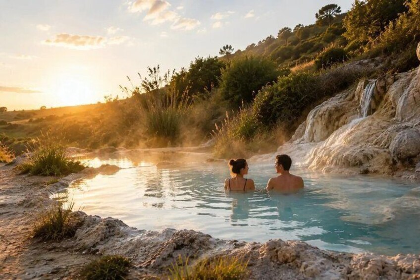 A hot spring with two people in the water, surrounded by a natural landscape with a waterfall and trees. 1