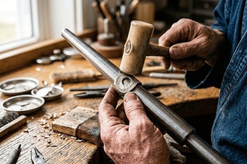A person working with a metal pipe and a wooden mallet on a workbench. 4