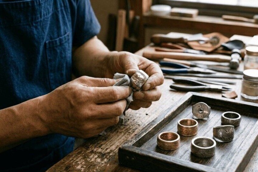 A person working with pottery tools on a wooden table. 5