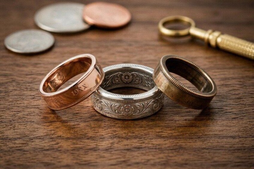 Three rings on a wooden surface with coins and a magnifying glass in the background. 3