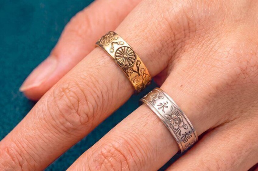 A hand with two rings, one gold and one silver, with intricate designs. 2