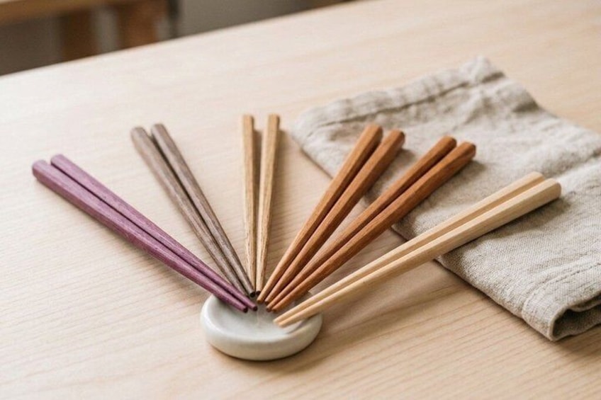 A set of wooden chopsticks arranged on a ceramic holder with a cloth napkin beside it. 2