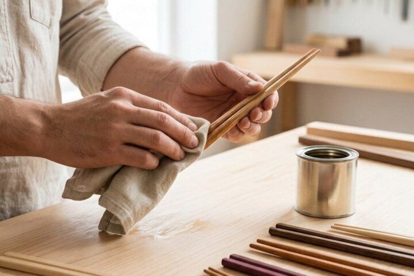 A person holding chopsticks and a cloth, with a can and chopsticks on a table. 5