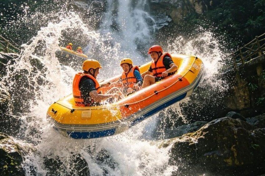 A group of people rafting on a river with water splashing around them. 3