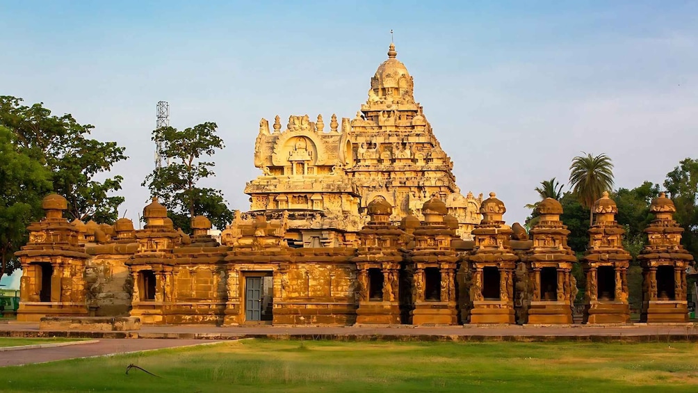 An ancient temple with intricate carvings and multiple spires. 5