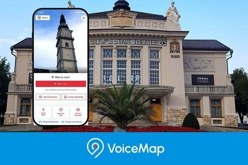 A historic building with a clock tower, labeled as a theater, and a mobile device displaying a navigation app. 2