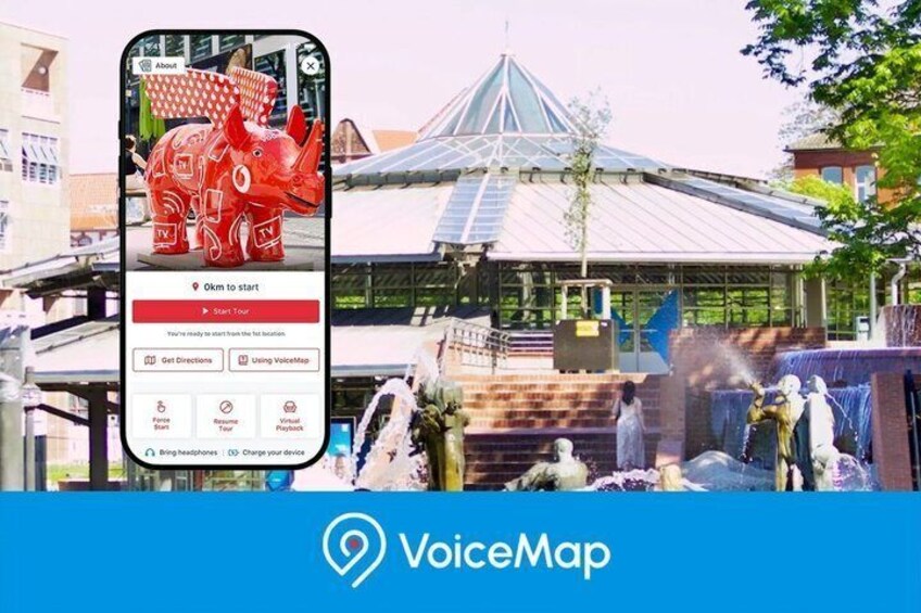 A smartphone displaying a map application with a red rhinoceros and a building with a blue roof in the background. 2