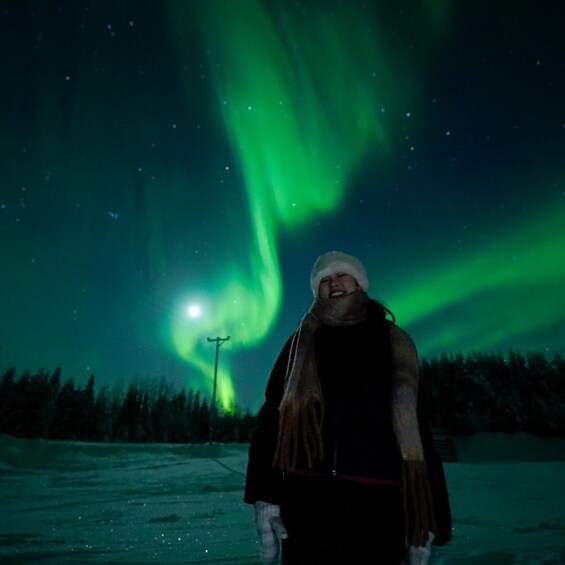 A person standing in a snowy landscape under a night sky with green aurora borealis. 4