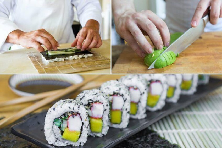 A person preparing sushi, including slicing a vegetable and arranging sushi rolls. 1
