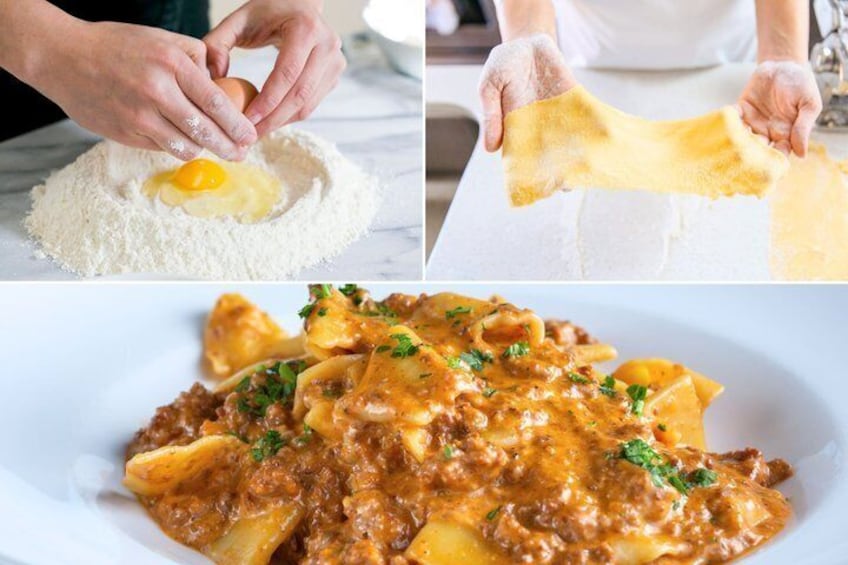 Hands preparing pasta dough, a person stretching the dough, and a plate of pasta with sauce. 1