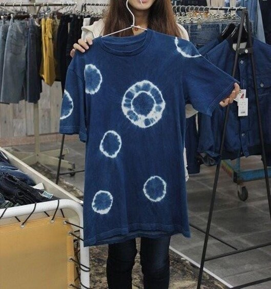 A person holding a blue sweater with circular patterns. 5