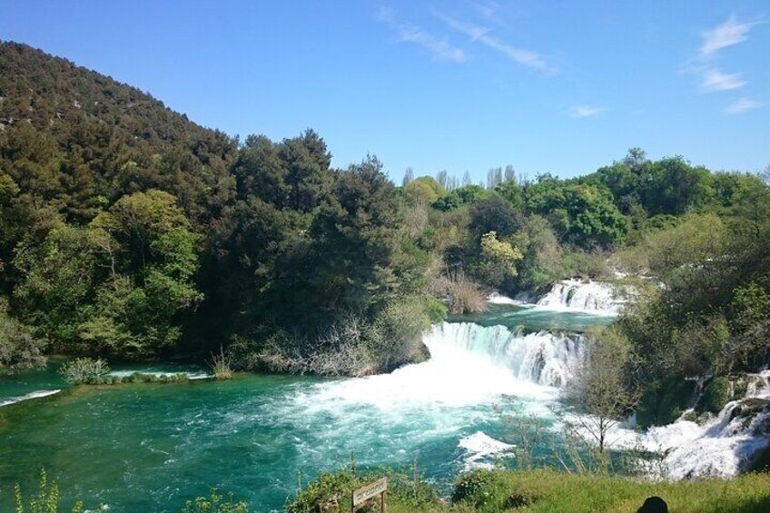 A waterfall cascading into a river surrounded by dense forest. 2