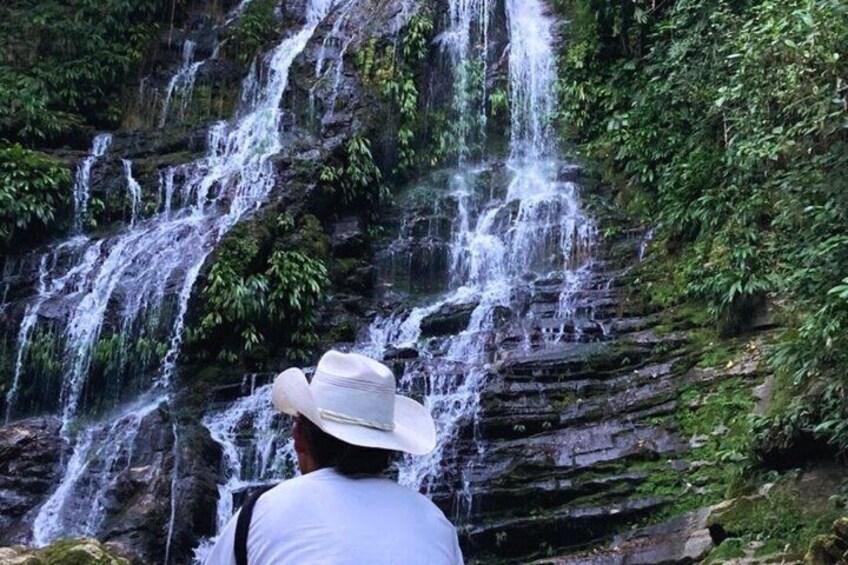 A waterfall with multiple streams cascading down a rocky cliff. 4