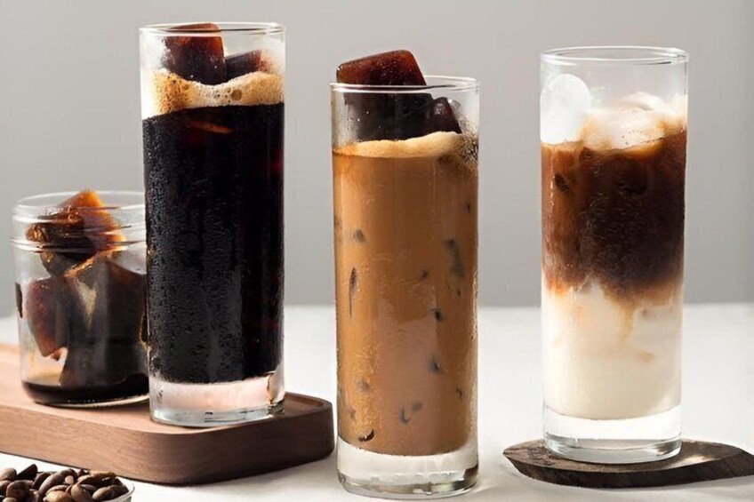 Three glasses of iced beverages with different layers of ice and liquid. 5
